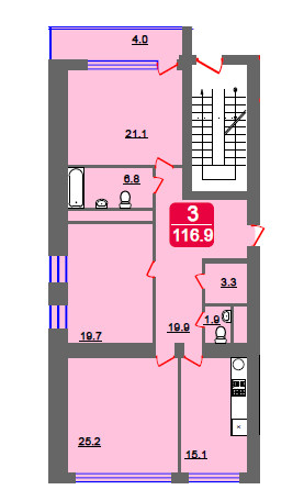 Трёхкомнатная квартира 116.9 м²