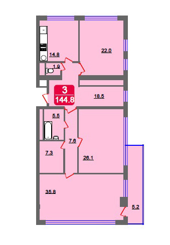 Трёхкомнатная квартира 144.8 м²