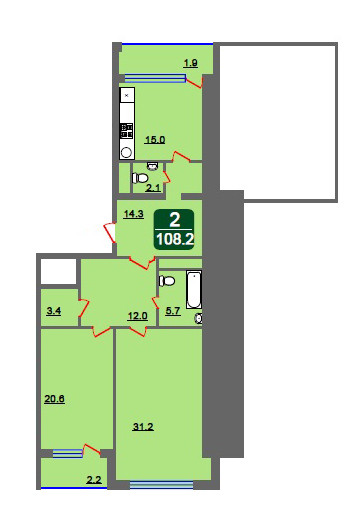 Двухкомнатная квартира 108.2 м²