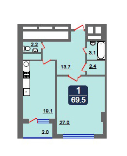 Однокомнатная квартира 69.5 м²